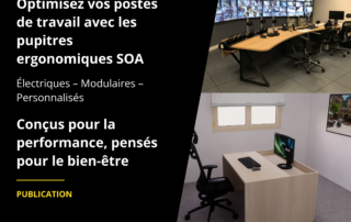 Pupitre électrique ergonomique SOA dans une salle de contrôle avec plusieurs écrans et postes de supervision