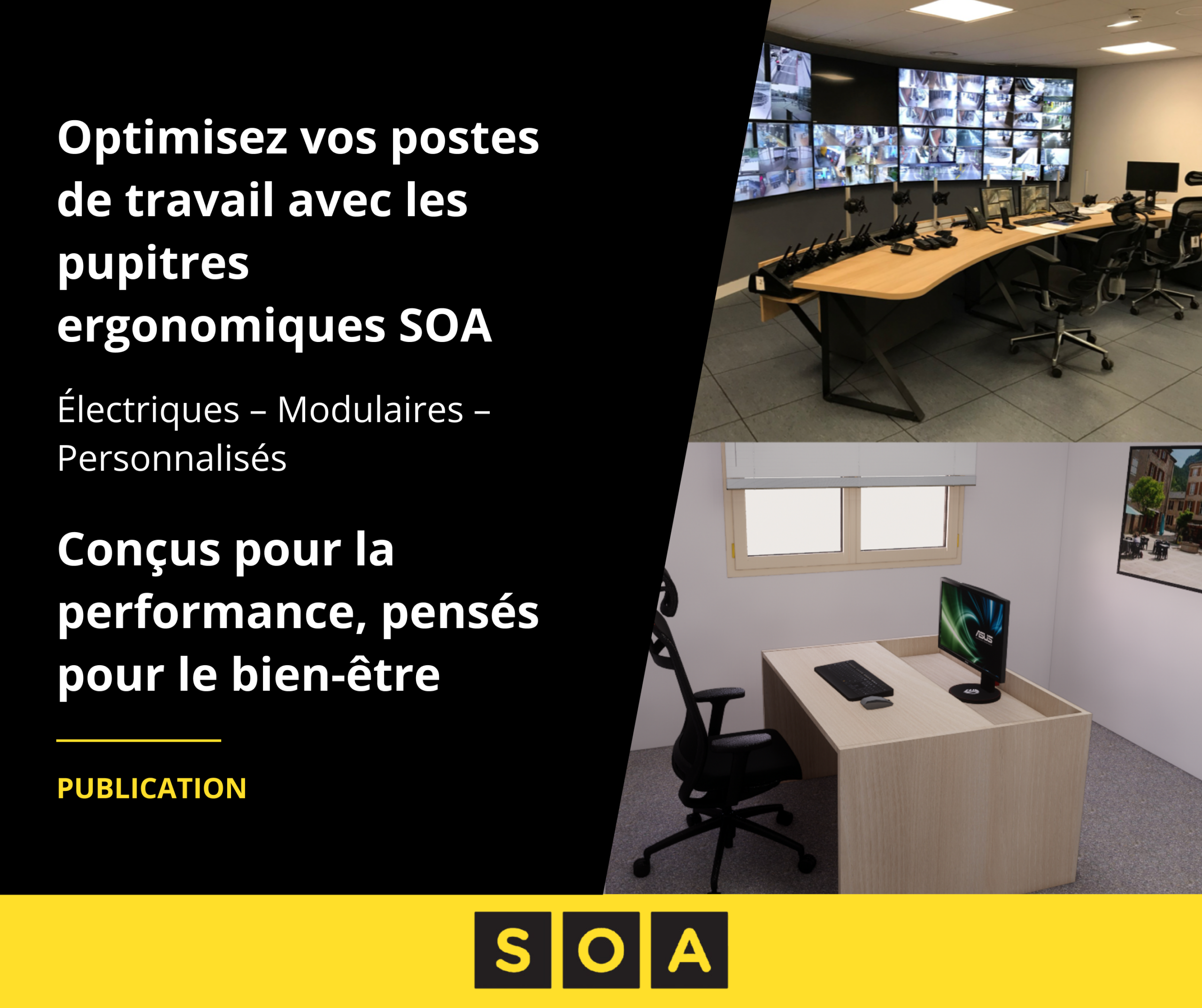 Pupitre électrique ergonomique SOA dans une salle de contrôle avec plusieurs écrans et postes de supervision