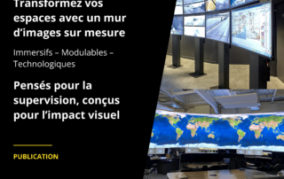 Mur d’images professionnel conçu par SOA pour une salle de contrôle, composé de multiples écrans affichant vidéosurveillance et cartographies.