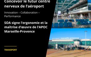 Hall de l’aéroport Marseille-Provence avec signalétique – SOA signe l’ergonomie et la maîtrise d’œuvre de l’APOC, futur centre nerveux de l’aéroport.
