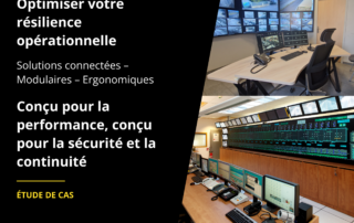 Salle de contrôle moderne conçue par SOA avec pupitres ergonomiques, murs d’images et solutions connectées pour la résilience opérationnelle