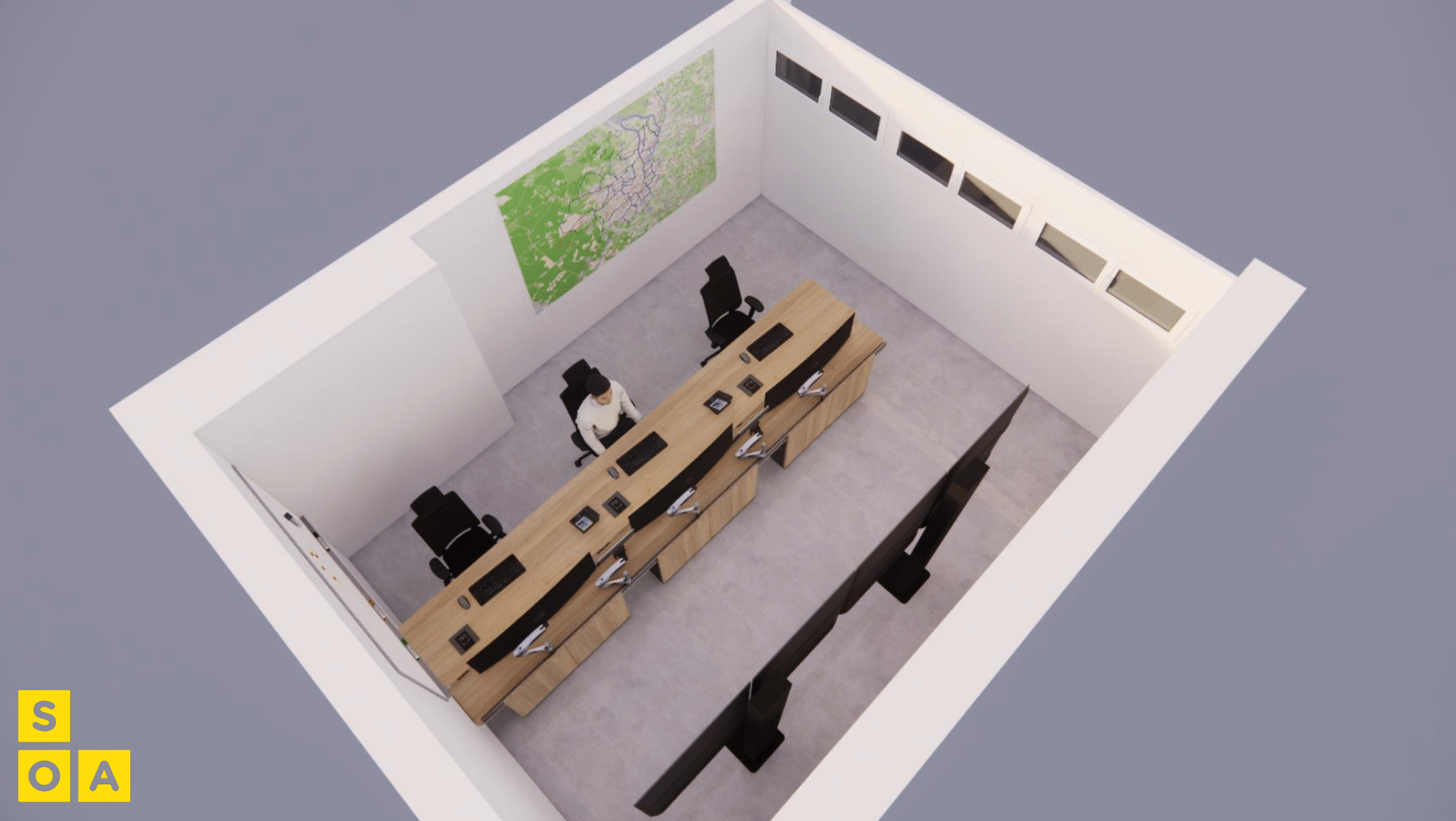 Vue 3D d’une salle de supervision aménagée par SOA, équipée de pupitres techniques et d’un mur d’écrans pour le suivi opérationnel.