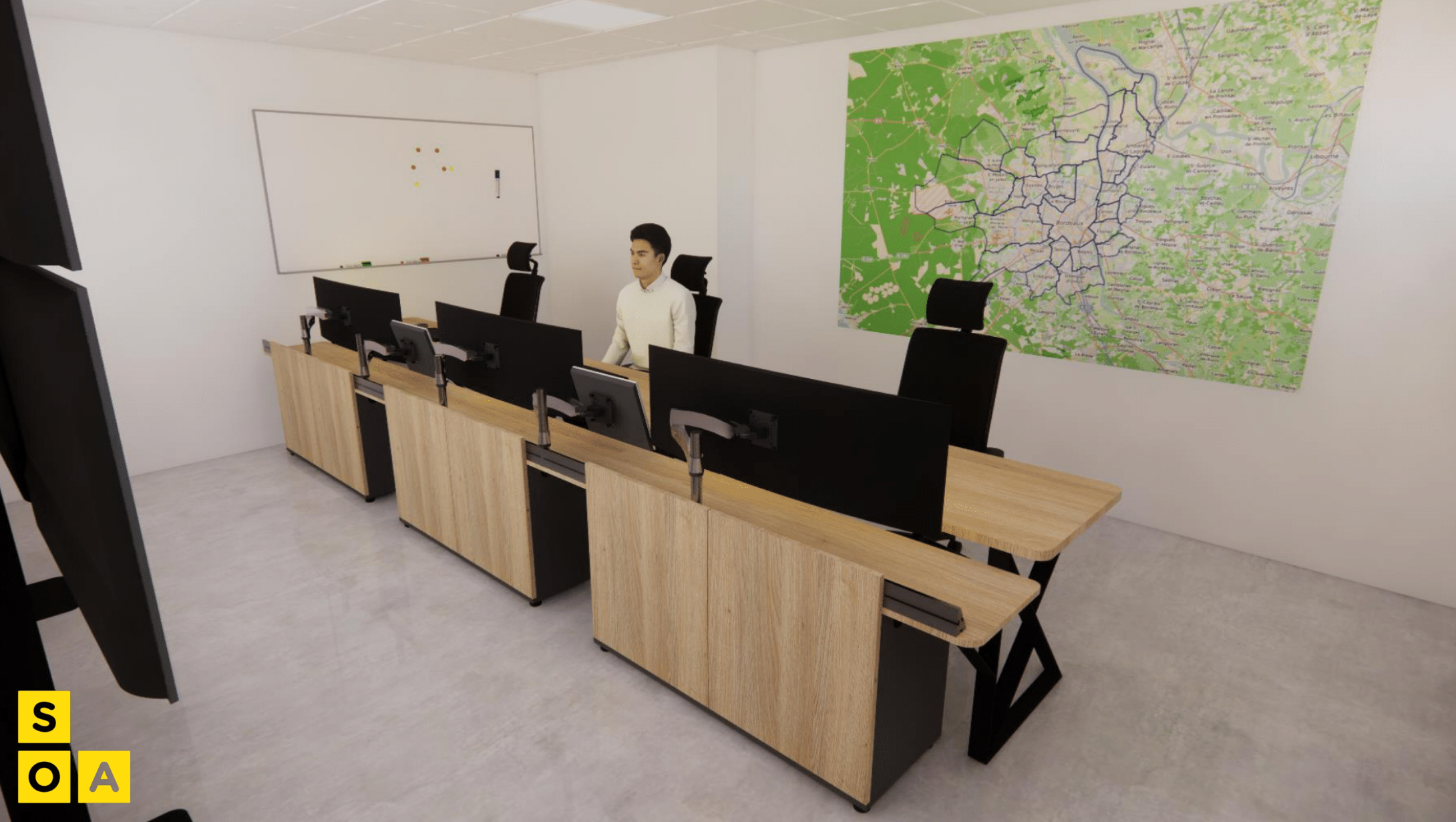 Salle de supervision aménagée par SOA, avec opérateur en poste devant des pupitres techniques et un grand plan mural cartographique.