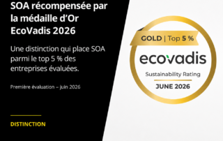 SOA Agencement récompensée par la médaille d'Or EcoVadis 2026 3 Médaille d’Or EcoVadis 2026 décernée à SOA, classée parmi le top 5 % des entreprises évaluées en matière de responsabilité sociétale et développement durable.