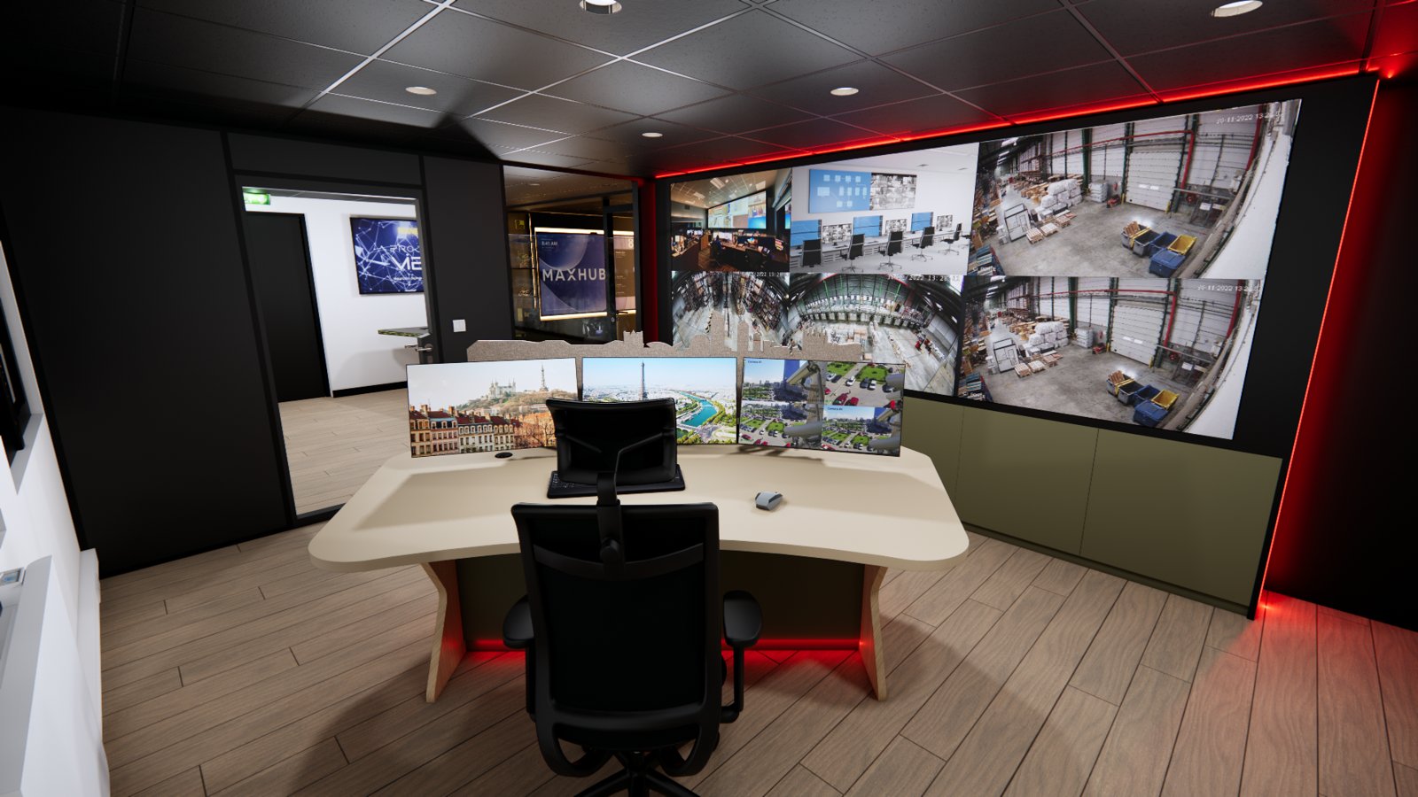 Experience Center SOA : une salle de contrôle réelle à découvrir près de Lyon 5 Poste opérateur de salle de contrôle : pupitre électrique SOA face au mur d'images Barco six écrans