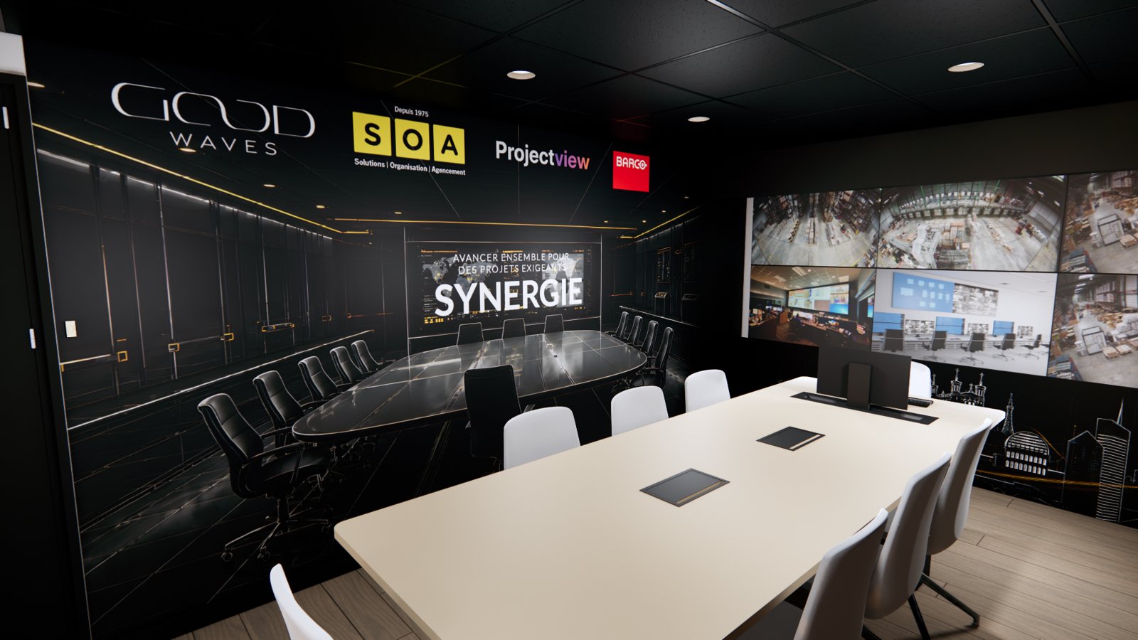 Experience Center SOA : une salle de contrôle réelle à découvrir près de Lyon 7 Salle de crise de l'Experience Center SOA : table de crise face au mur d'images